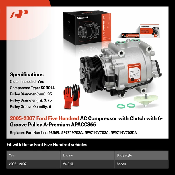 2005-2007 Ford Five Hundred AC Compressor with Clutch with 6-Groove Pulley A-Premium APACC366
