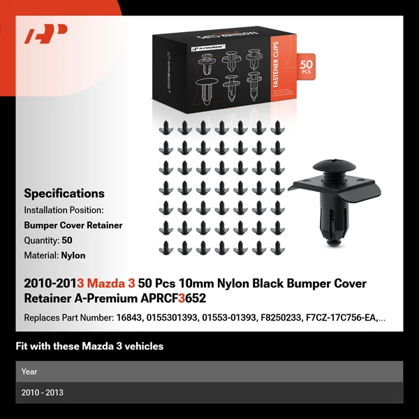 2010-2013 Mazda 3 50 Pcs 10mm Nylon Black Bumper Cover Retainer A-Premium APRCF3652