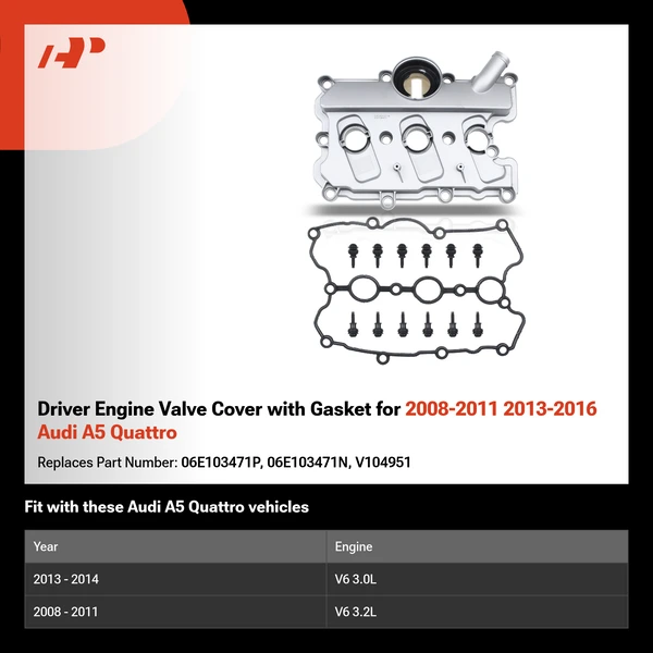 Driver Engine Valve Cover with Gasket for 2008-2011 2013-2016 Audi A5 Quattro