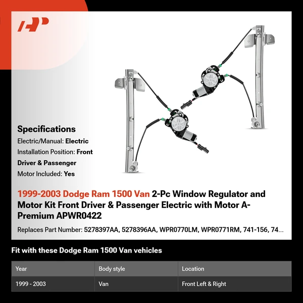 1999-2003 Dodge Ram 1500 Van 2-Pc Window Regulator and Motor Kit Front Driver & Passenger Electric with Motor A-Premium APWR0422