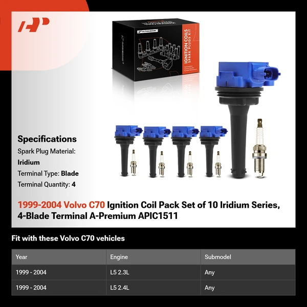 1999-2004 Volvo C70 Ignition Coil Pack Set of 10 Iridium Series, 4-Blade Terminal A-Premium APIC1511