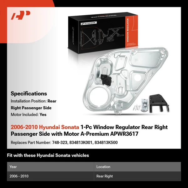2006-2010 Hyundai Sonata 1-Pc Window Regulator Rear Right Passenger Side with Motor A-Premium APWR3617