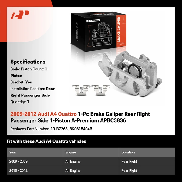2009-2012 Audi A4 Quattro 1-Pc Brake Caliper Rear Right Passenger Side 1-Piston A-Premium APBC3836