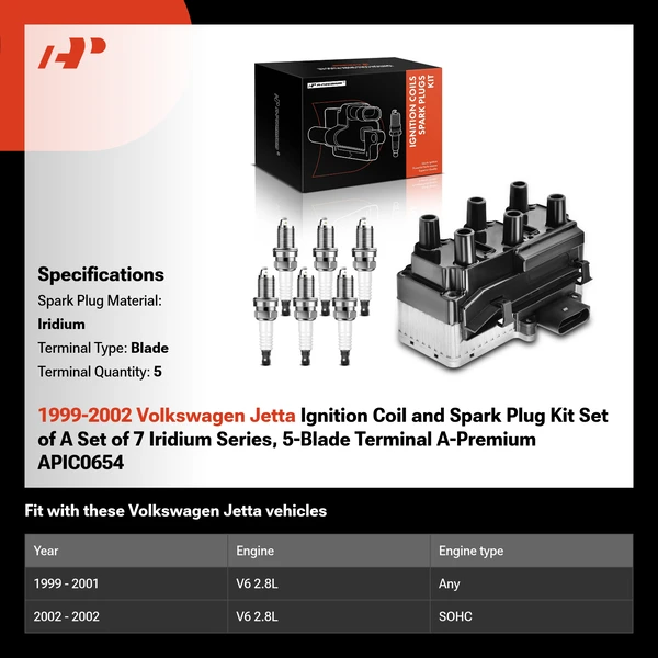 1999-2002 Volkswagen Jetta Ignition Coil and Spark Plug Kit Set of A Set of 7 Iridium Series, 5-Blade Terminal A-Premium APIC0654