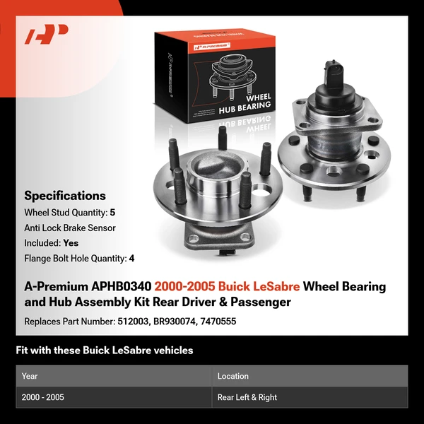 A-Premium APHB0340 2000-2005 Buick LeSabre Wheel Bearing and Hub Assembly Kit Rear Driver & Passenger