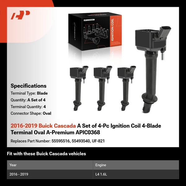 2016-2019 Buick Cascada A Set of 4-Pc Ignition Coil 4-Blade Terminal Oval A-Premium APIC0368