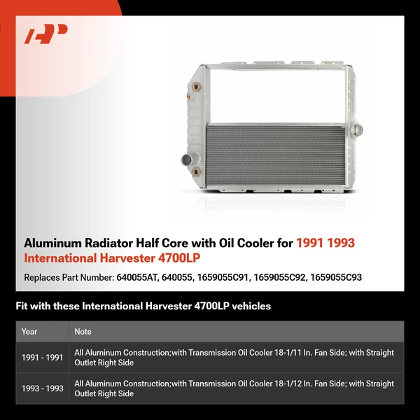 Aluminum Radiator Half Core with Oil Cooler for 1991 1993 International Harvester 4700LP