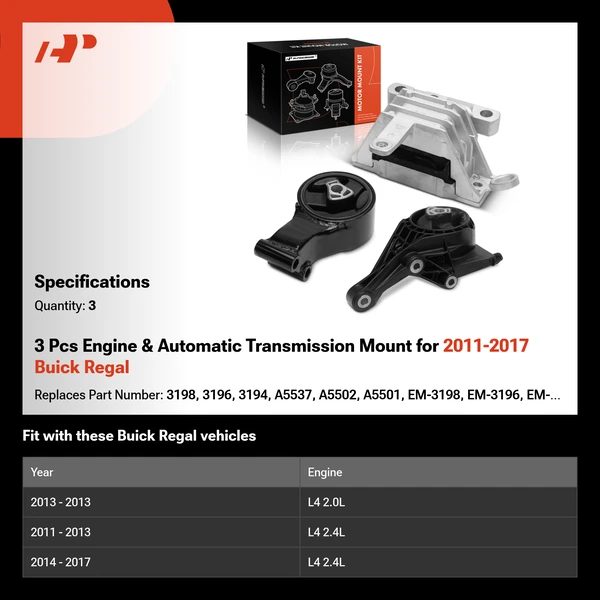 3 Pcs Engine & Automatic Transmission Mount for 2011-2017 Buick Regal