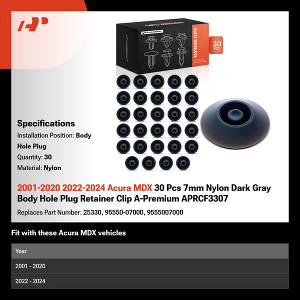 2001-2020 2022-2024 Acura MDX 30 Pcs 7mm Nylon Dark Gray Body Hole Plug Retainer Clip A-Premium APRCF3307