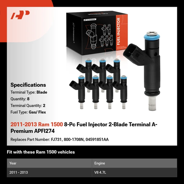 2011-2013 Ram 1500 8-Pc Fuel Injector 2-Blade Terminal A-Premium APFI274
