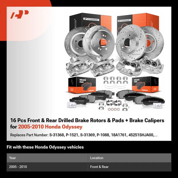 16 Pcs Front & Rear Drilled Brake Rotors & Pads + Brake Calipers for 2005-2010 Honda Odyssey