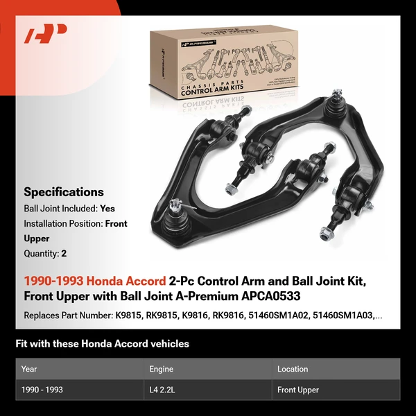 1990-1993 Honda Accord 2-Pc Control Arm and Ball Joint Kit, Front Upper with Ball Joint A-Premium APCA0533