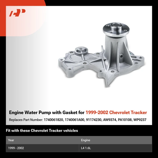 Engine Water Pump with Gasket for 1999-2002 Chevrolet Tracker