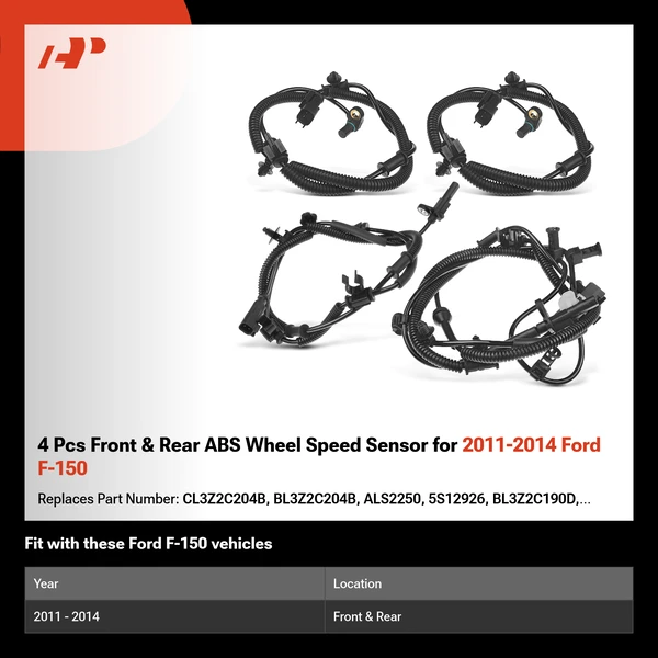 4 Pcs Front & Rear ABS Wheel Speed Sensor for 2011-2014 Ford F-150