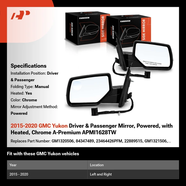 2015-2020 GMC Yukon Driver & Passenger Mirror, Powered, with Heated, Chrome A-Premium APMI1628TW