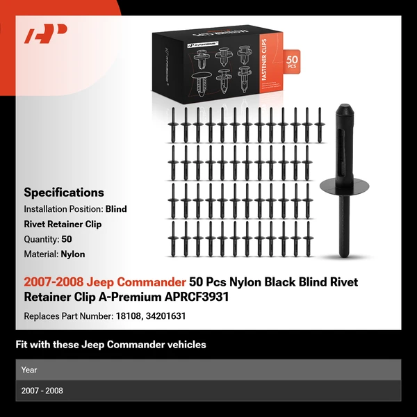 2007-2008 Jeep Commander 50 Pcs Nylon Black Blind Rivet Retainer Clip A-Premium APRCF3931