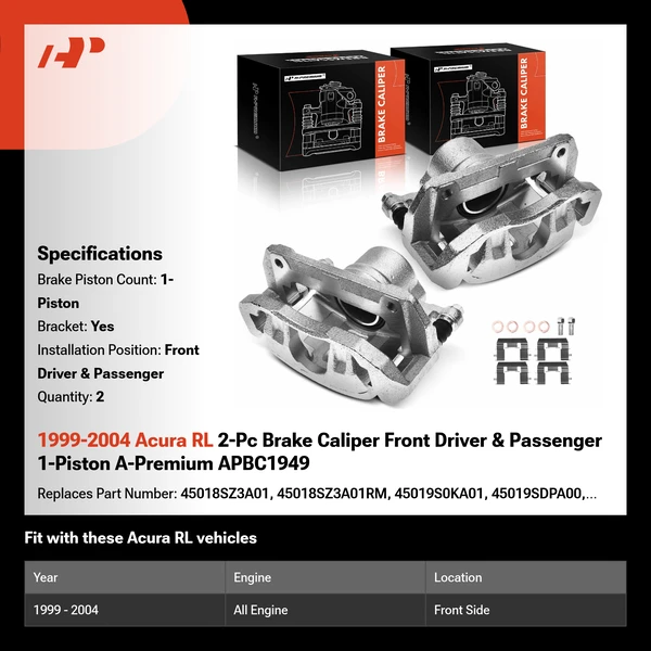 1999-2004 Acura RL 2-Pc Brake Caliper Front Driver & Passenger 1-Piston A-Premium APBC1949
