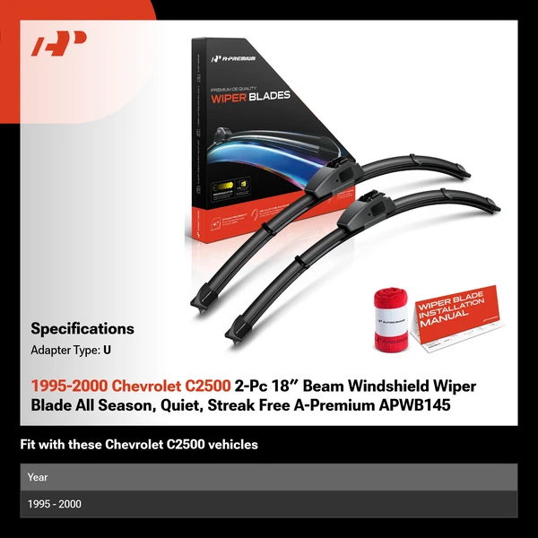 1995-2000 Chevrolet C2500 2-Pc 18″ Beam Windshield Wiper Blade All Season, Quiet, Streak Free A-Premium APWB145