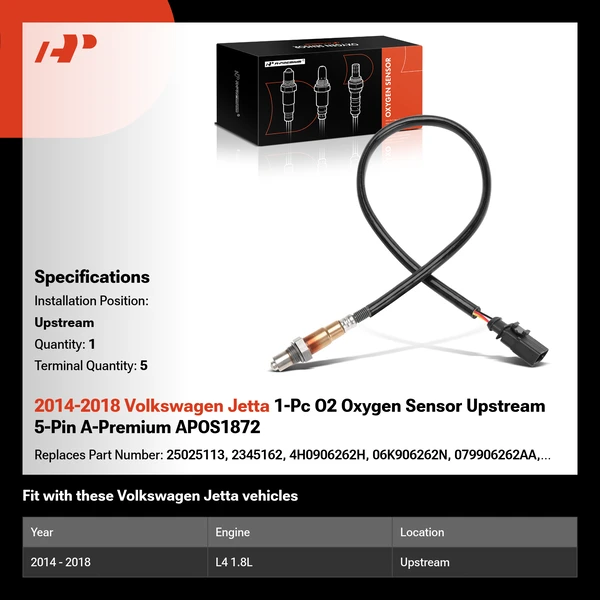 2014-2018 Volkswagen Jetta 1-Pc O2 Oxygen Sensor Upstream 5-Pin A-Premium APOS1872