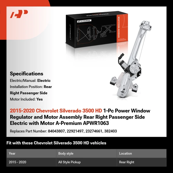 2015-2020 Chevrolet Silverado 3500 HD 1-Pc Power Window Regulator and Motor Assembly Rear Right Passenger Side Electric with Motor A-Premium APWR1063