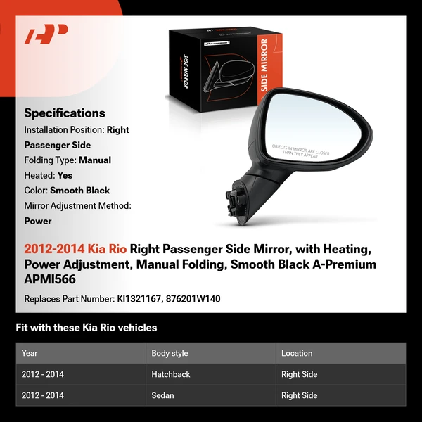 2012-2014 Kia Rio Right Passenger Side Mirror, with Heating, Power Adjustment, Manual Folding, Smooth Black A-Premium APMI566