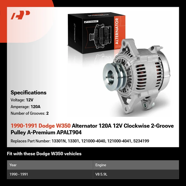 1990-1991 Dodge W350 Alternator 120A 12V Clockwise 2-Groove Pulley A-Premium APALT904