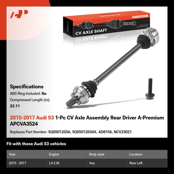 2015-2017 Audi S3 1-Pc CV Axle Assembly Rear Driver A-Premium APCVA3524