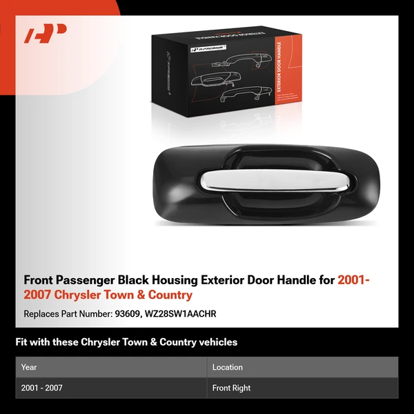Front Passenger Black Housing Exterior Door Handle for 2001-2007 Chrysler Town & Country