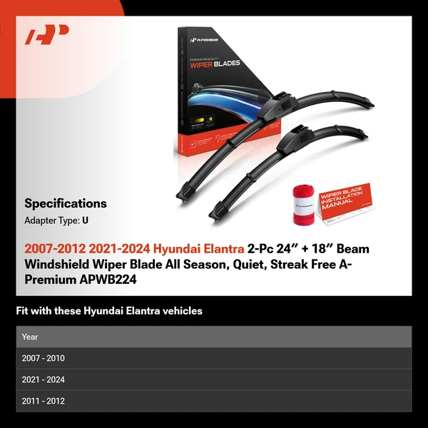 2007-2012 2021-2024 Hyundai Elantra 2-Pc 24″ + 18″ Beam Windshield Wiper Blade All Season, Quiet, Streak Free A-Premium APWB224