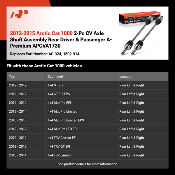 2012-2015 Arctic Cat 1000 2-Pc CV Axle Shaft Assembly Rear Driver & Passenger A-Premium APCVA1730