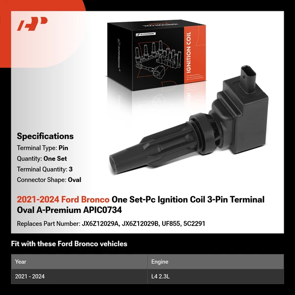 2021-2024 Ford Bronco One Set-Pc Ignition Coil 3-Pin Terminal Oval A-Premium APIC0734