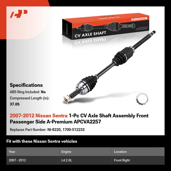2007-2012 Nissan Sentra 1-Pc CV Axle Shaft Assembly Front Passenger Side A-Premium APCVA2257