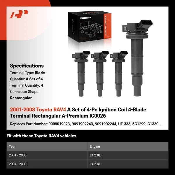 2001-2008 Toyota RAV4 A Set of 4-Pc Ignition Coil 4-Blade Terminal Rectangular A-Premium IC0026