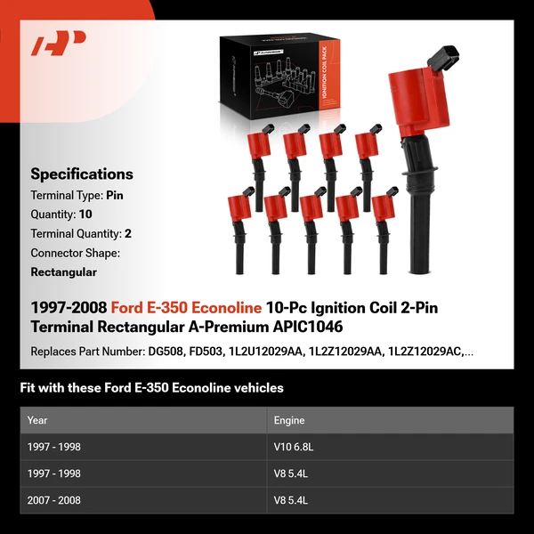 1997-1998 2007-2008 Ford E-350 Econoline A Set of 10-Pc Ignition Coil 2-Blade Terminal Rectangular A-Premium APIC1046