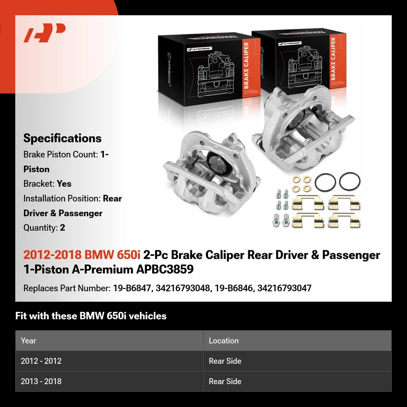 2012-2018 BMW 650i 2-Pc Brake Caliper Rear Driver & Passenger 1-Piston A-Premium APBC3859