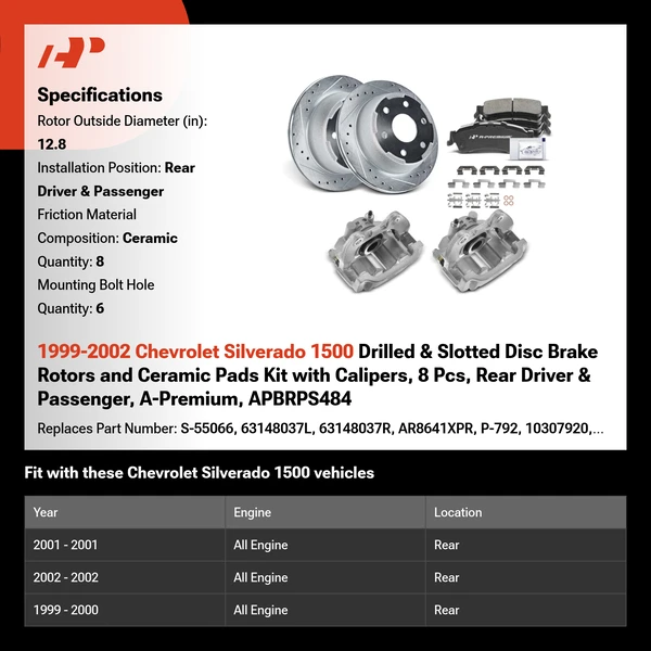 1999-2002 Chevrolet Silverado 1500 Drilled & Slotted Disc Brake Rotors and Ceramic Pads Kit with Calipers, 8 Pcs, Rear Driver & Passenger, A-Premium, APBRPS484