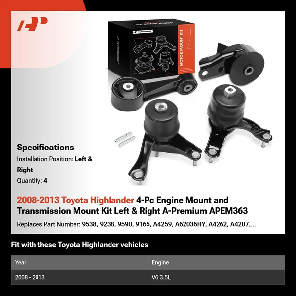 2008-2013 Toyota Highlander 4-Pc Engine Mount and Transmission Mount Kit Left & Right A-Premium APEM363