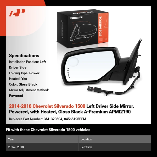2014-2018 Chevrolet Silverado 1500 Left Driver Side Mirror, Powered, with Heated, Gloss Black A-Premium APMI2190