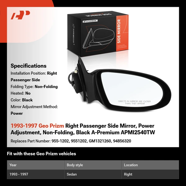 1993-1997 Geo Prizm Right Passenger Side Mirror, Power Adjustment, Non-Folding, Black A-Premium APMI2540TW