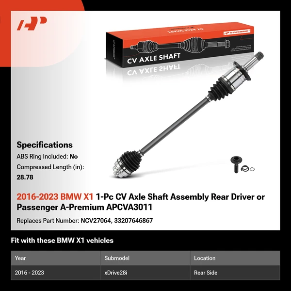 2016-2023 BMW X1 1-Pc CV Axle Shaft Assembly Rear Driver or Passenger A-Premium APCVA3011