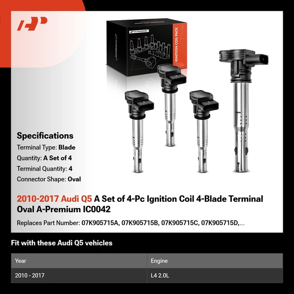 2010-2017 Audi Q5 A Set of 4-Pc Ignition Coil 4-Blade Terminal Oval A-Premium IC0042