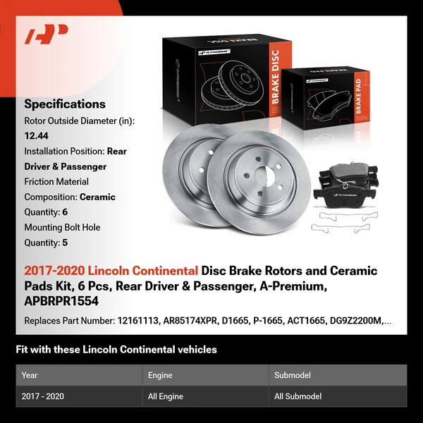 2017-2020 Lincoln Continental Disc Brake Rotors and Ceramic Pads Kit, 6 Pcs, Rear Driver & Passenger, A-Premium, APBRPR1554
