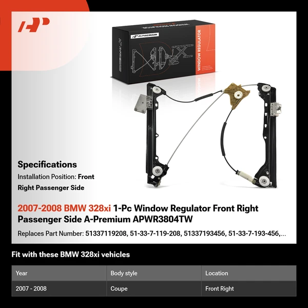 2007-2008 BMW 328xi 1-Pc Window Regulator Front Right Passenger Side A-Premium APWR3804TW