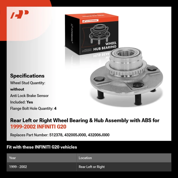 Rear Left or Right Wheel Bearing & Hub Assembly with ABS for 1999-2002 INFINITI G20