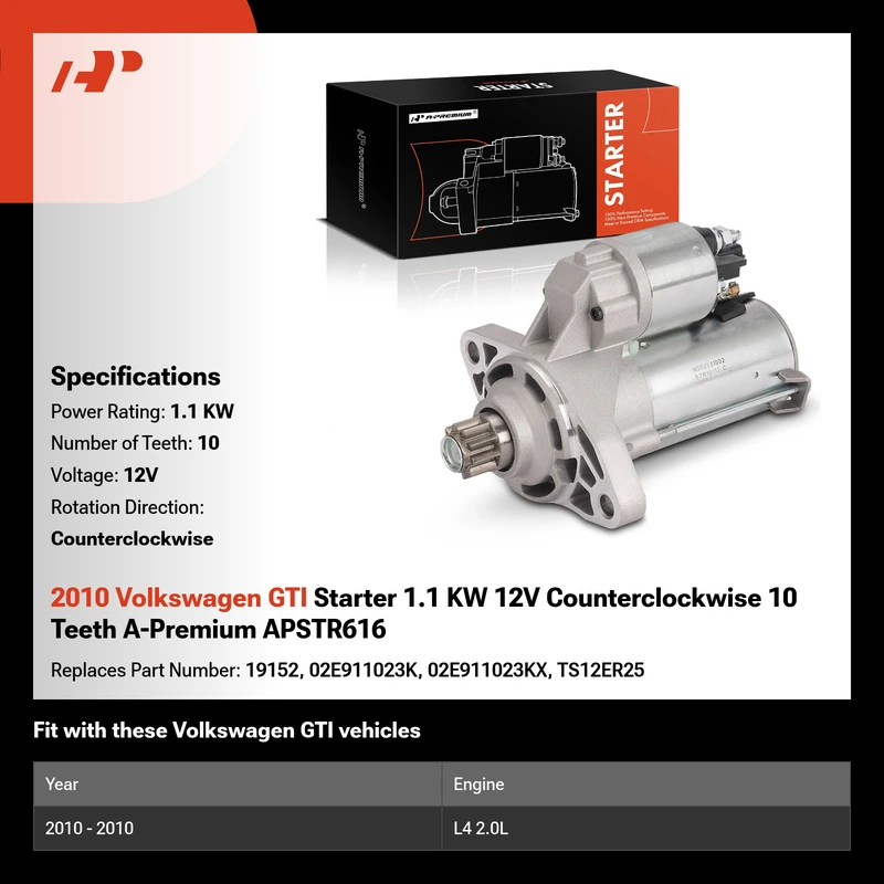 2010 Volkswagen GTI Starter 1.1 KW 12V Counterclockwise 10 Teeth A-Premium APSTR616