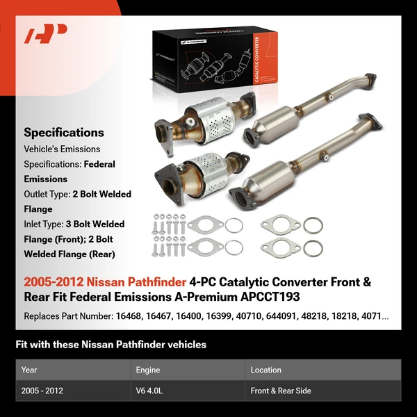2005-2012 Nissan Pathfinder 4-PC Catalytic Converter Front & Rear Fit Federal Emissions A-Premium APCCT193