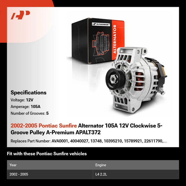 2002-2005 Pontiac Sunfire Alternator 105A 12V Clockwise 5-Groove Pulley A-Premium APALT372
