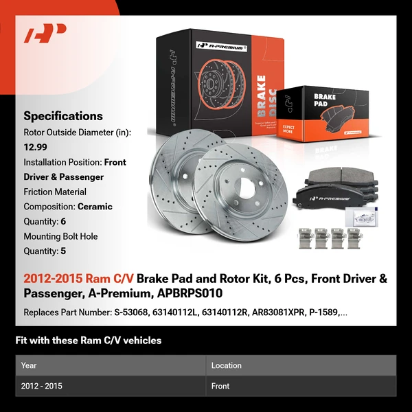 2012-2015 Ram C/V Brake Pad and Rotor Kit, 6 Pcs, Front Driver & Passenger, A-Premium, APBRPS010