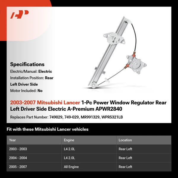 2003-2007 Mitsubishi Lancer 1-Pc Power Window Regulator Rear Left Driver Side Electric A-Premium APWR2840