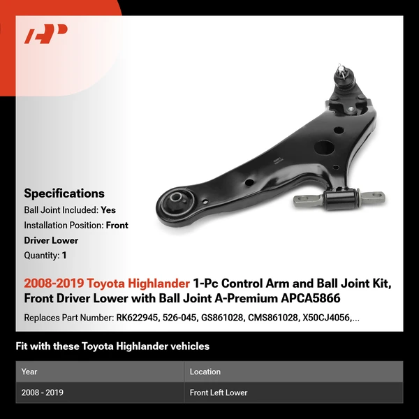 2008-2019 Toyota Highlander 1-Pc Control Arm and Ball Joint Kit, Front Driver Lower with Ball Joint A-Premium APCA5866